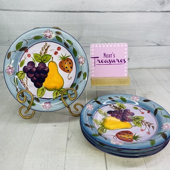 Gibson BELLA FRUITA RIM Hand Painted Strawberry Pear Grape Salad Plate Set of 4